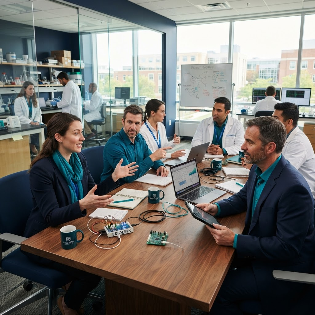 University, research and business partners collaborating around a table